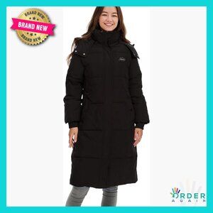 Slim Fit Leather Puffer Jacket Long Parka Coat Winter Warm Insulated Hooded